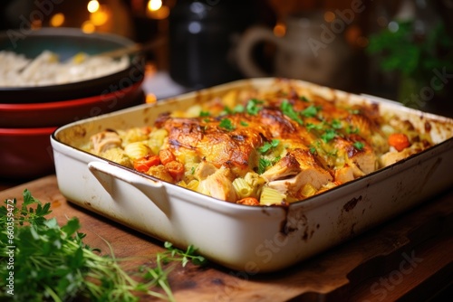 boxing day leftover turkey and dressing casserole in oven