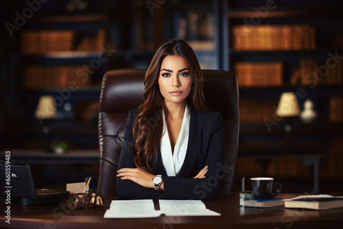 Portrait of a gorgeous businesswoman in an office space at a desk, successful and confident woman in a stylish business suit, beautiful female CEO, secretary or manager