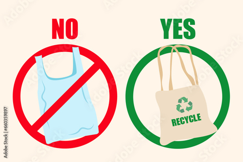 Pollution problem concept. Say no to plastic bags, bring your own textile bag. Cartoon styled images with signage calling for stop using disposable polythene package. Vector illustration.