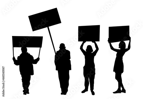 Silhouette of people holding protest posters. Silhouette of protesters in action.