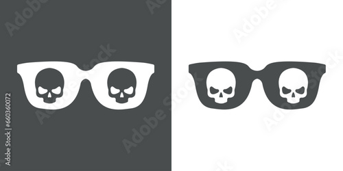 Logo con silueta de gafas de sol con reflejo de calavera humana para su uso en invitaciones y tarjetas de Halloween