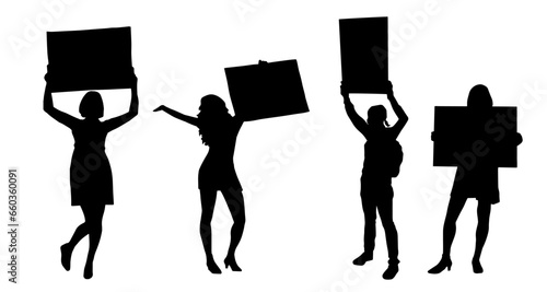 Silhouette of people holding protest posters. Silhouette of protesters in action.