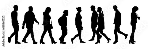Silhouette of people crowd. Silhouette of men and women walking.