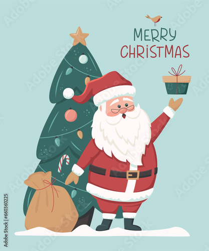 Merry Christmas and Happy New Year greeting card with cute Santa Claus, Xmas tree and bag of gifts box. Santa Claus brought gifts for Christmas.  Vector illustration in retro style