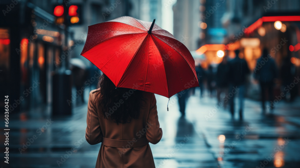A Woman is holding a red umbrella and walking on a city street. Rainy weather. Bokeh background with pedestrians and city lights. - obrazy, fototapety, plakaty 
