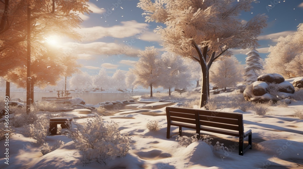 park is a snowy paradise, inviting exploration and tranquility. 