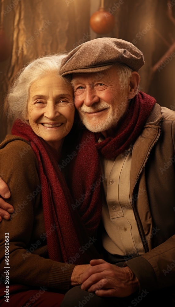 Closeup vertical photo of happy elderly senior retired couple man and woman happy aging together Closeup vertical photo of happy elderly senior retired couple man and woman happy aging together