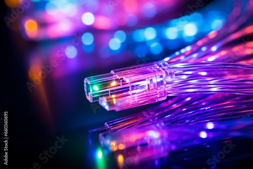 close-up of glowing optical fiber cable. Generative AI