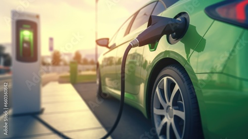 Charging green car at a charging station at sunset demonstrating clean emission-free renewable energy friendly for environment and ecology thanks to no emissions 