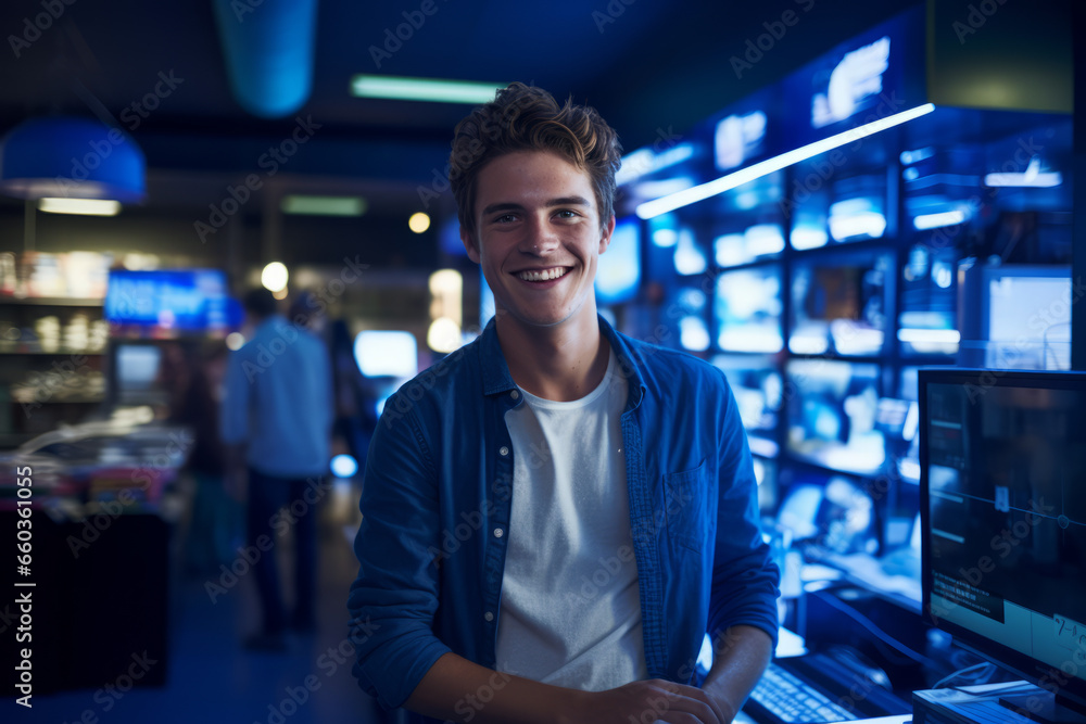 Smiling, young and attractive salesman, cashier serving customers in a consumer electrical store - obrazy, fototapety, plakaty 