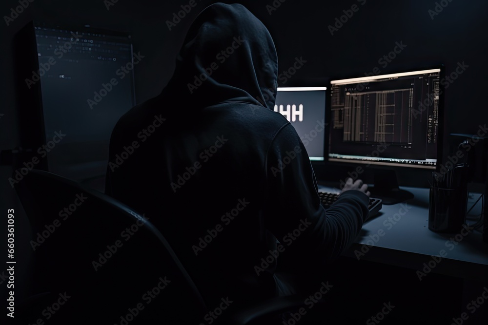 Digital shadows. Unmasking hacker in hoodie. Cyber intrusion. Face behind screen. Hooded hackers. Unveiling dark side of internet Digital shadows. Unmasking hacker in hoodie. Cyber intrusion. Face behind screen. Hooded hackers. Unveiling dark side of internet