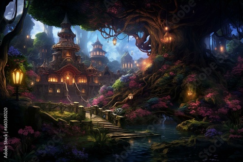 An enchanting garden depicted in an illustrated fairytale setting, featuring mesmerizing bonsai trees, an enchanting forest, and a digitally painted background. Generative AI