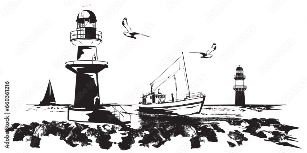 Warnemünde Leuchtturm Hafeneinfahrt mit Kutter und Segelboot - obrazy, fototapety, plakaty 