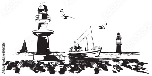 Warnemünde Leuchtturm Hafeneinfahrt mit Kutter und Segelboot photo