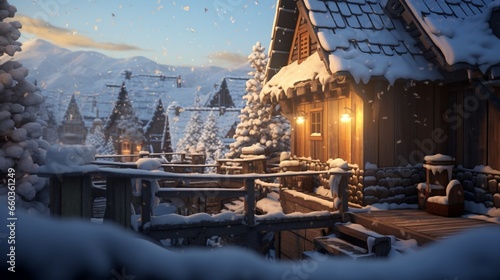 Snowflakes gently settle on the roof of a cozy home, creating a picturesque scene. 