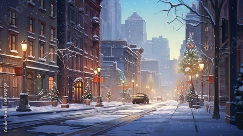 Streets in the digital realm are adorned with a gentle snowfall, transforming them into a serene setting. 
