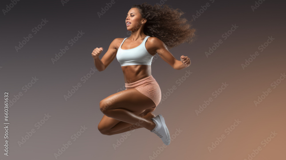 Sportswoman running,jumping and doing dance strength training in a studio