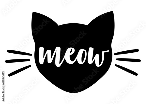 Logo pet friendly. Letras de la palabra meow en texto manuscrito con silueta de cabeza de gato