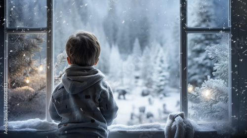 Cute toddler boy in pajama, standing in front of a big french windows with his pet dog, enjoying the snow outside.