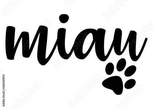 Logo pet friendly. Letras de la palabra miau en español en texto manuscrito con silueta de zarpa de gato