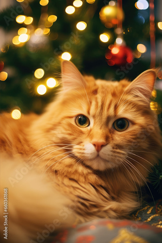 Cute cat under Christmas tree with glitter lights
