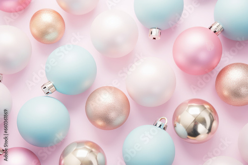 Christmas baubles, glass balls in soft pastel colors. Flat lay view from above