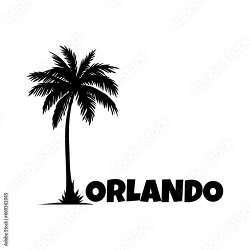 Logo vacaciones en Florida. Letras de la palabra Orlando en la arena de una playa con silueta de palmera © teracreonte