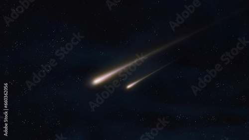 Bright bolides in the atmosphere. Falling stars in the night sky. Glowing meteor trails. Falling meteorites.