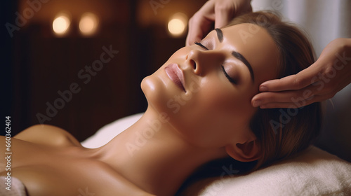 Beautiful young woman receiving a head massage in spa salon