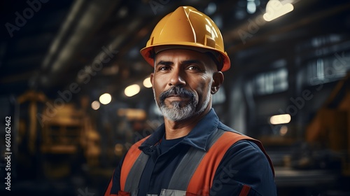 Portrait of Industry maintenance engineer man wearing uniform and safety hard hat on factory station. Industry, Engineer, construction concept. Generative AI