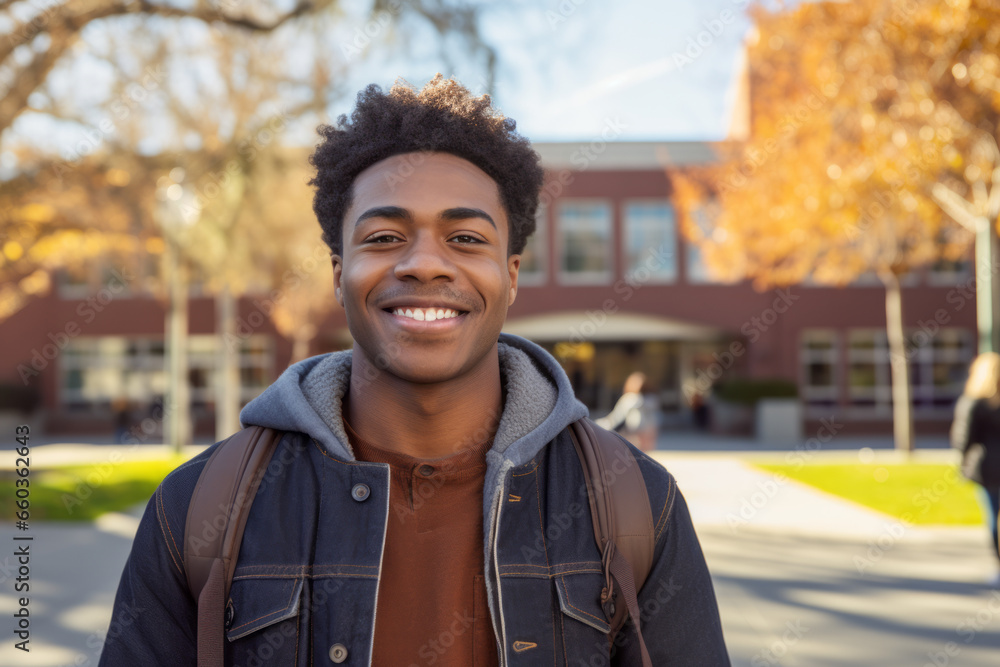 A student boy, man with a backpack and shoulder bag in the city street in autumn. Happy smiling A student boy, man with a backpack and shoulder bag in the city street in autumn. Happy smiling