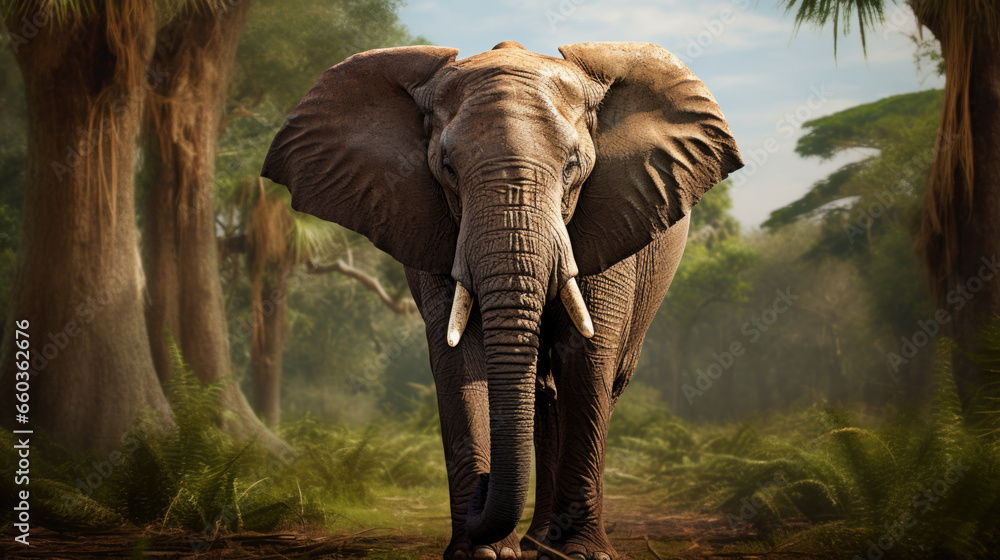 Fototapeta premium African Bush Elephants - Loxodonta africana family walking on the road in wildlife reserve.