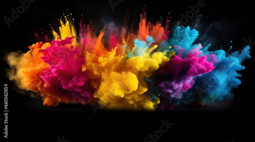 Colorful paint falls from above mixed with water. Ink swirls underwater, Exploding color powder in rainbow colors on black background
