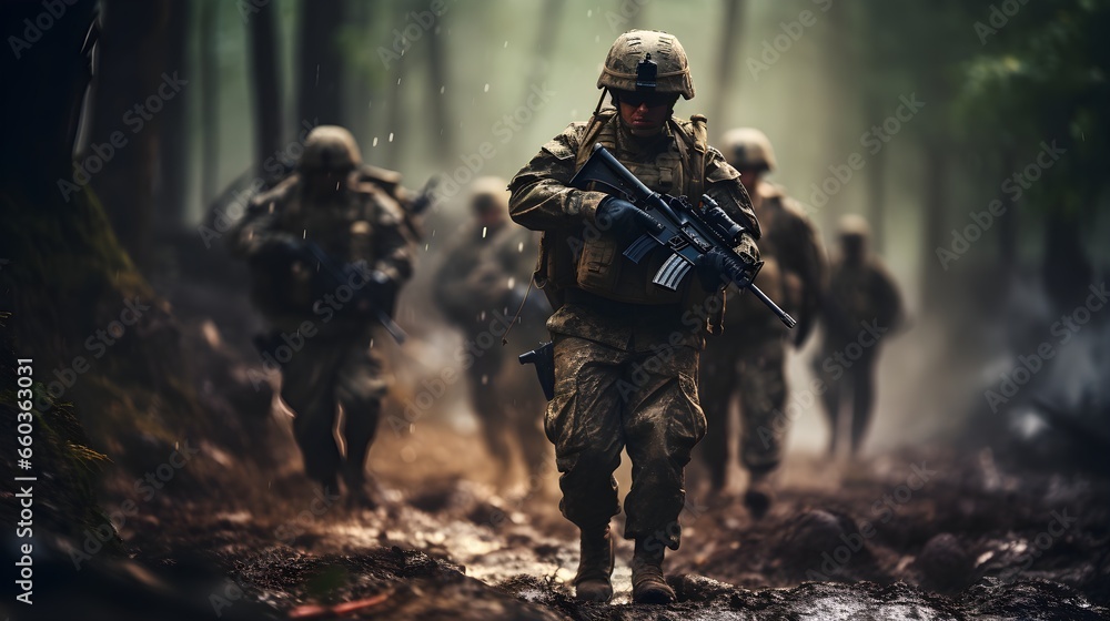 Formation of soldiers going to war or special military operation with selective focus. Generative AI Formation of soldiers going to war or special military operation with selective focus. Generative AI