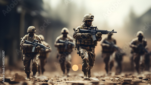 Formation of soldiers going to war or special military operation with selective focus. Generative AI