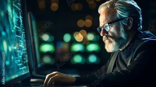 Focused older individual in glasses working on computer looking at programming code data. Older individuals navigate technology. Cyber security digital tech reflecting. Generative AI
