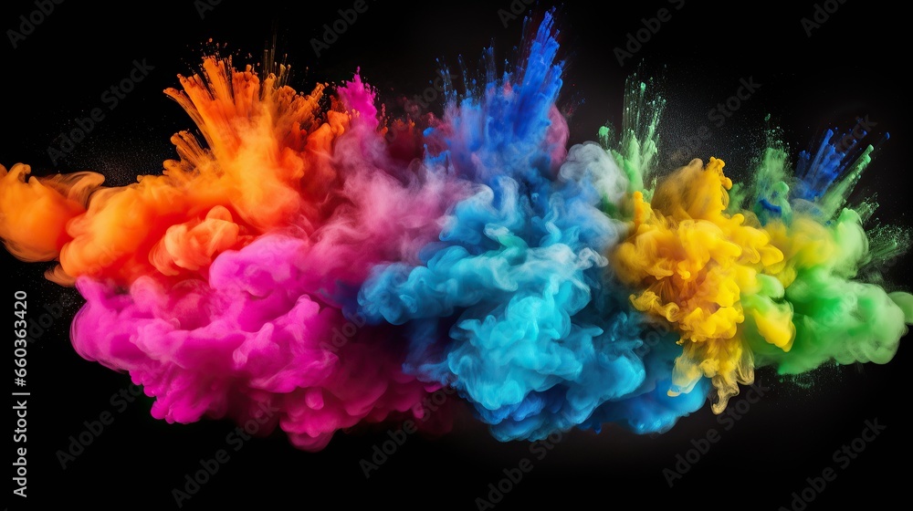 Colorful paint falls from above mixed with water. Ink swirls underwater, Exploding color powder in rainbow colors on black background	

