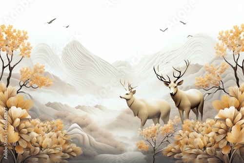 3D wallpaper featuring golden ginko leaves, mountains, and deer on a light background. Ideal for framing walls with canvas. Generative AI