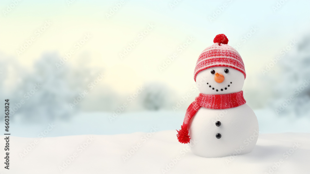 Cute snowman with a snowy winter landscape in the background. Cute snowman with a snowy winter landscape in the background.