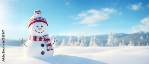 Cute snowman with a snowy winter landscape in the background.
