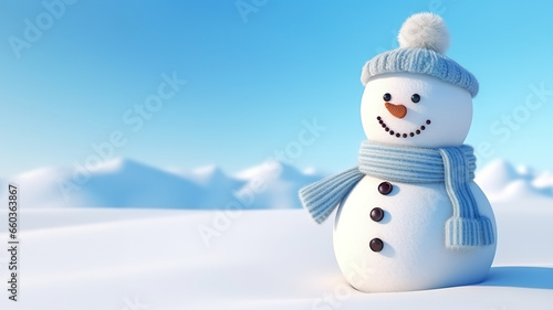 Cute snowman with a snowy winter landscape in the background. photo