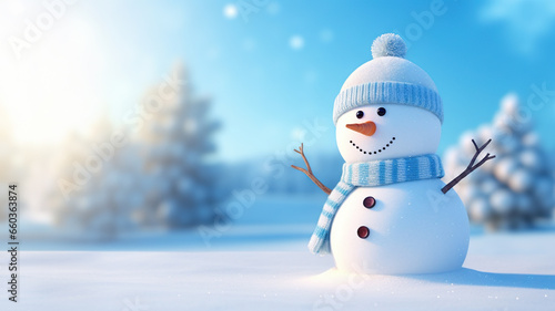 Cute snowman with a snowy winter landscape in the background.