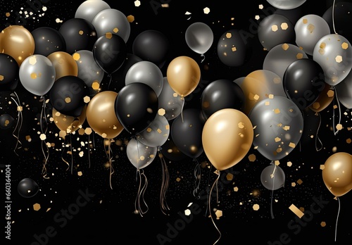 Golden celebration. Glittering balloons for birthday bash. Festive airborne fun.