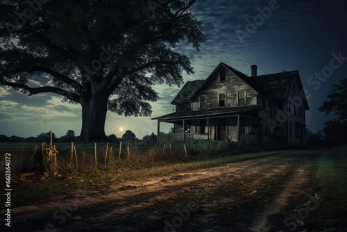 Abandoned house in the countryside at night. Halloween concept.