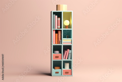 A pastel-colored geometric-style column bookshelf with geometric compartments and pastel accents, combining functionality and aesthetics. © Oleksandr