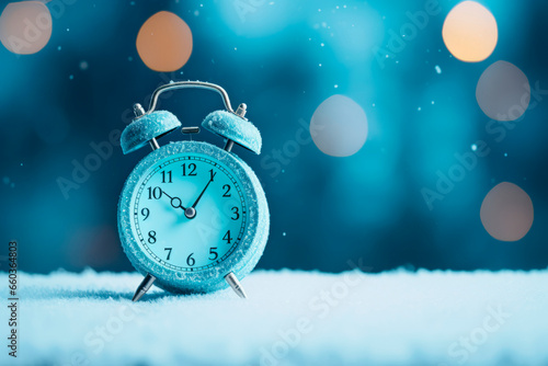 Blue alarm clock on the background of a winter landscape