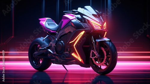 Motorcycle with illuminated neon lights on a dark background. AI generated image