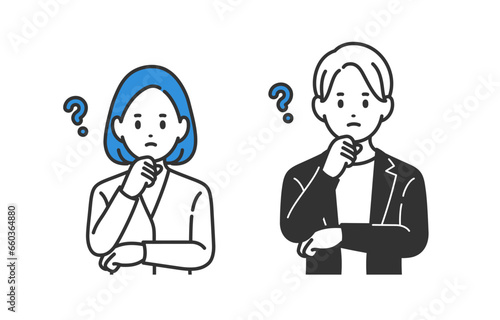 疑問･考えるポーズをするビジネスパーソン男女のセット【人物ベクターイラスト素材】