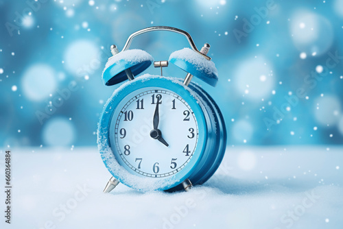Blue alarm clock on the background of a winter landscape 