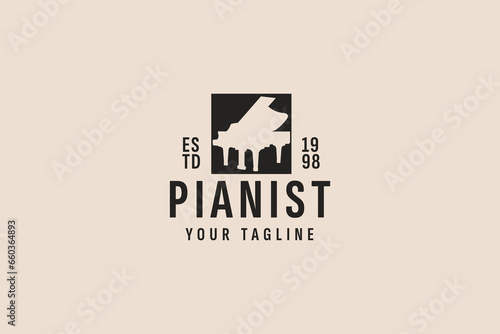 Photography vintage style piano logo vector icon illustration